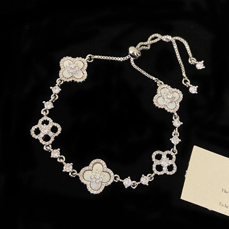 Natural Pink Shell Four-Leaf Flower Zircon Pullable Bracelet for Women Hollow Design Sense Elegant Exquisite Light Jewelry - view 7