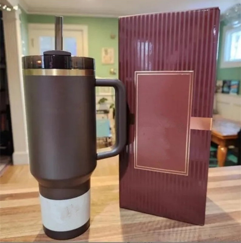 US Stocks 40oz Mugs Chocolate Gold Stainless Steel Tumblers Black Chroma Cups with Handle Lid Straw Coffee Pink Flamingo Water Bottles Wholesale 0825