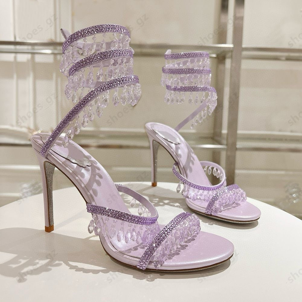 Crystals Embellished stiletto Heels sandals 95mm Ankle strap Wraparound women high heeled sandal rhinestone flower Evening shoes Large size 34-43 Bring box