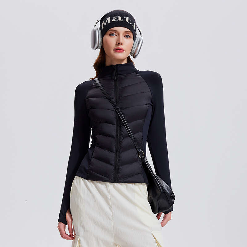 3-Proof Sports Down Jacket for Women, Outdoor Running, Windproof, Warm, Fitness Top, Lightweight, Slim Fit, Stand Collar, Ribbed Coat d9 01