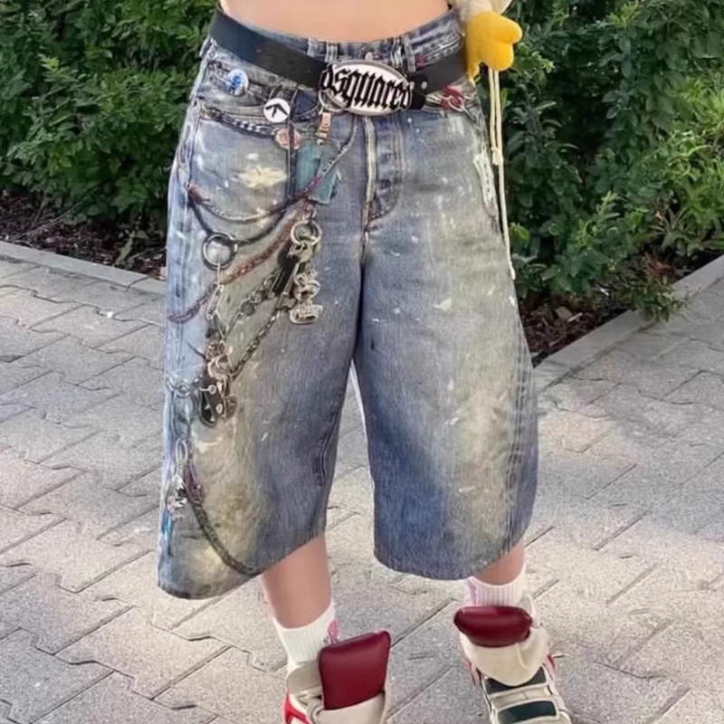 MIJKO 3D Print Patchwork Baggy Jeans Shorts for Men Streetwear New Summer Wide Leg Patchwork Casual Loose Knee Length Pants Oversized