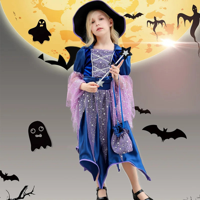 Halloween Party Costumes Witch Dress for Girls Kids Cosplay Carnival Witch Costume Pumpkin Dress Up With Bag Hat Wand Clothing 250823