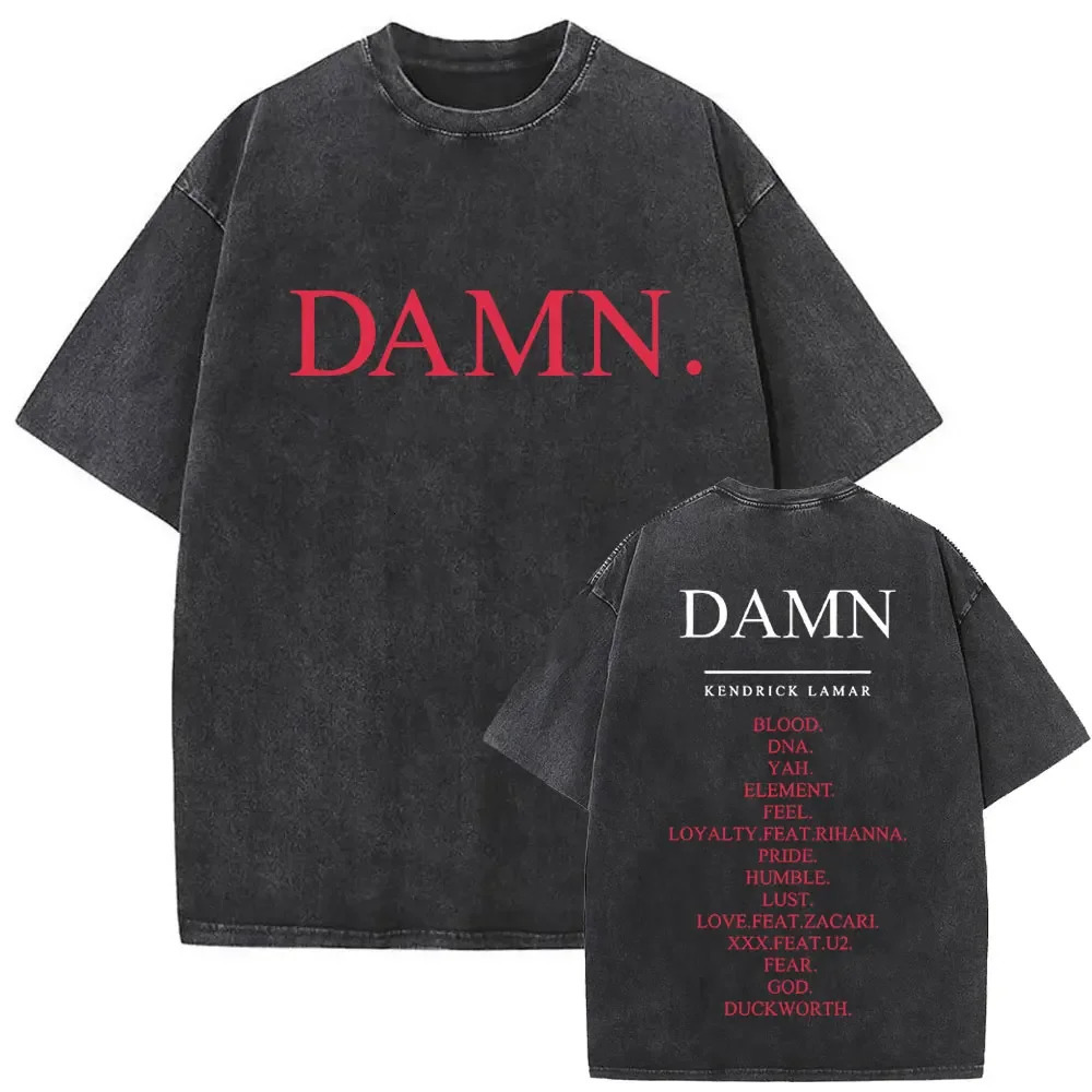 Retro washed T-shirt for men by rapper Kendrick Lamar DAMN 100% cotton double-sided printed T-shirt urban hip-hop style T-shirt 250825