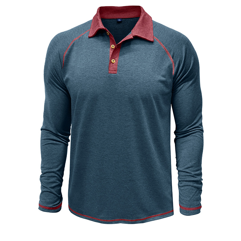 Men's Long - Sleeve Polo Shirt with Raglan Sleeves, Contrast Collar and Button Placket