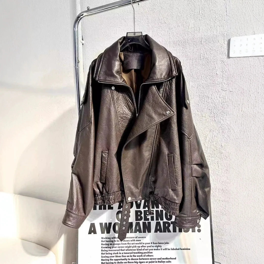 PU Leather Women Jacket For Women American Style Autumn Motorcycle Faux Leather Outerwear Oversized Loose Casual Zipper Jacket 250825