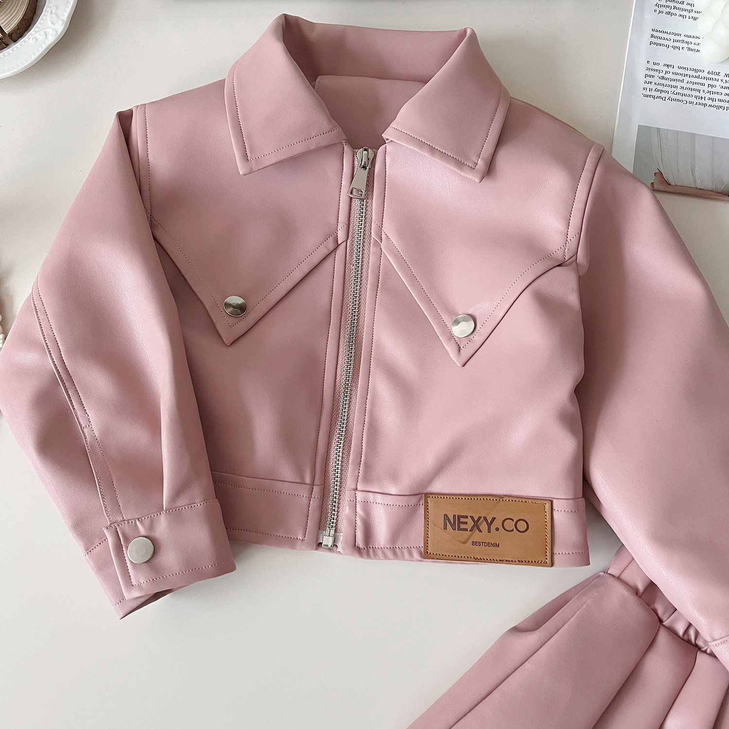 2025 New Korean Style Girls' Autumn Outfit Trendy Kids Temperament Chic Leather Jacket & Pleated Skirt Set Classic Black Pink