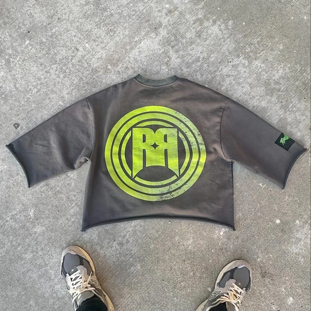 Y2K Harajuku Hip Hop Character Graphic Printed Seven Quarter Sleeves Tops Gothic Retro Dark Green T Shirt Mens Womens Clothing 250825