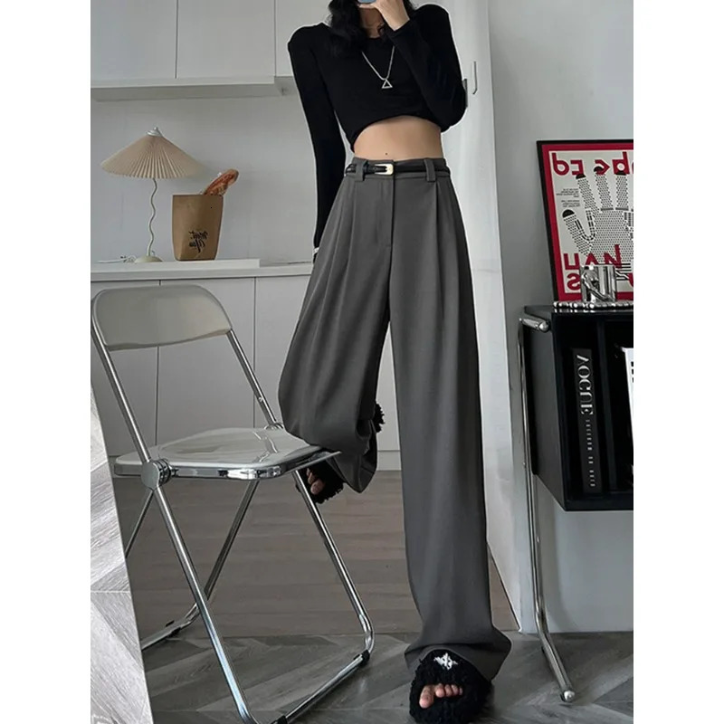 Fall Winter Elegant Gray Suits for Women Office Lady High Waist Wide Leg Fashion Trousers with Pockets Black Pants Z260314