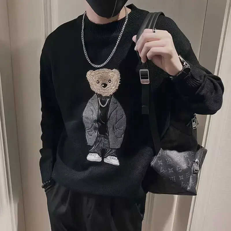 Winter Mens Knitted Sweater O-neck Bear Embroidery Casual Knitwear Inner Lap Pullovers Long Sleeve 2025 Vintage Sweater Jumpers Z250825