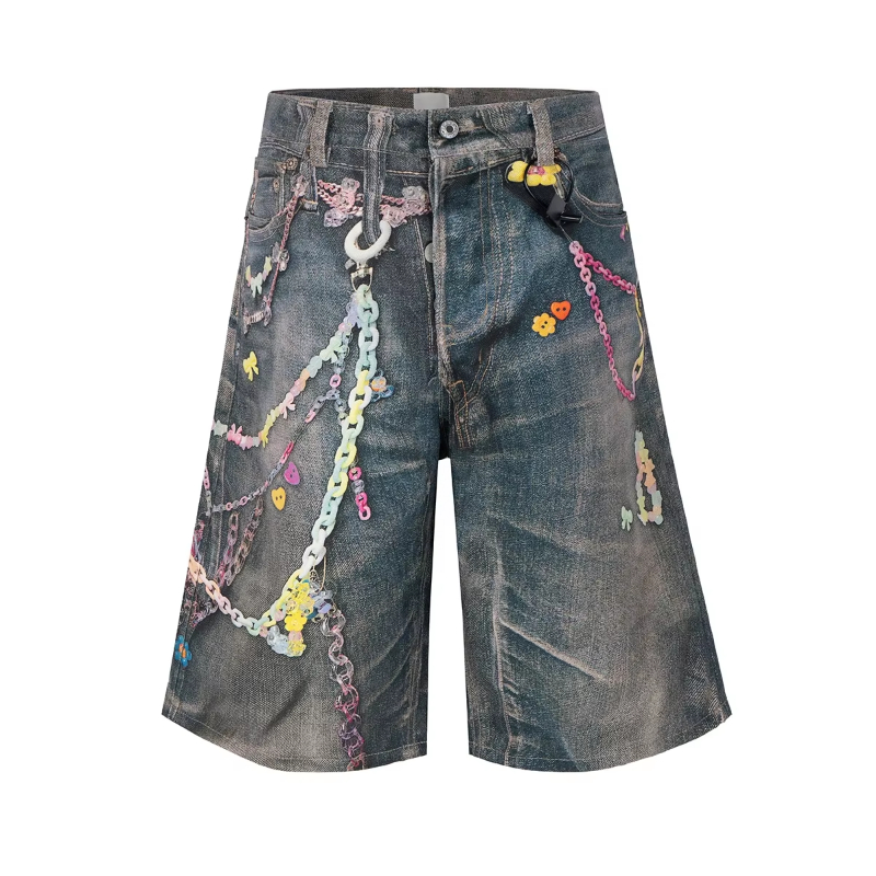 MIJKO 3D Candy Chain Print Baggy Jeans Shorts for Men Streetwear Summer Wide Leg Patchwork Casual Loose Knee Length Pants Oversized