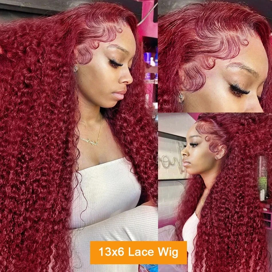 13x6 High Density 200 Density Curly Human Hair Wig Wear and Go Burgundy Deep Wave Preplucked Hairline Hd Lace Wig Human Hair Gluelesss HD Transparent 