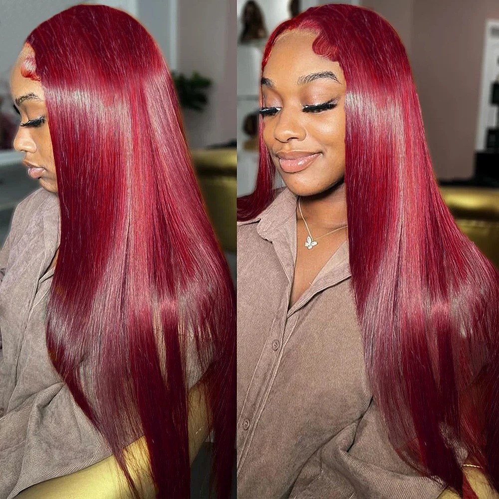 Burgundy Wine Lace Front Wig Hd Transparent Lace 13x6 HD Lace Frontal Wig Human Hair Gluelesss Pre Plucked Straight Red Colored Wig High Density Ready