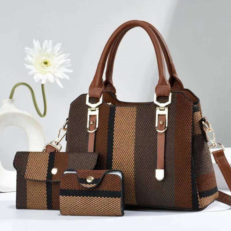 3 Piece Set Bag 2025 Summer New Large Handbag with Wallet Vertical Stripes Women's Shoulder Crossbody Bagsluxury bag tote bag