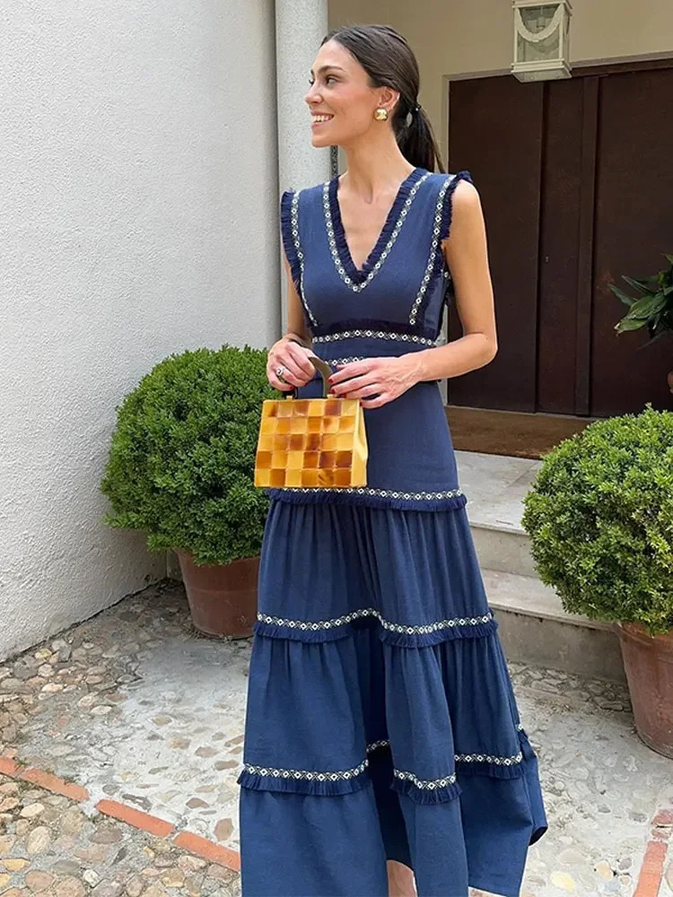 Women Vintage Chic Fringes Spliced Midi Ruffles Dress Fashion V Neck Sleeveless High Waist Robes Summer Lady Party Vestidos 250825