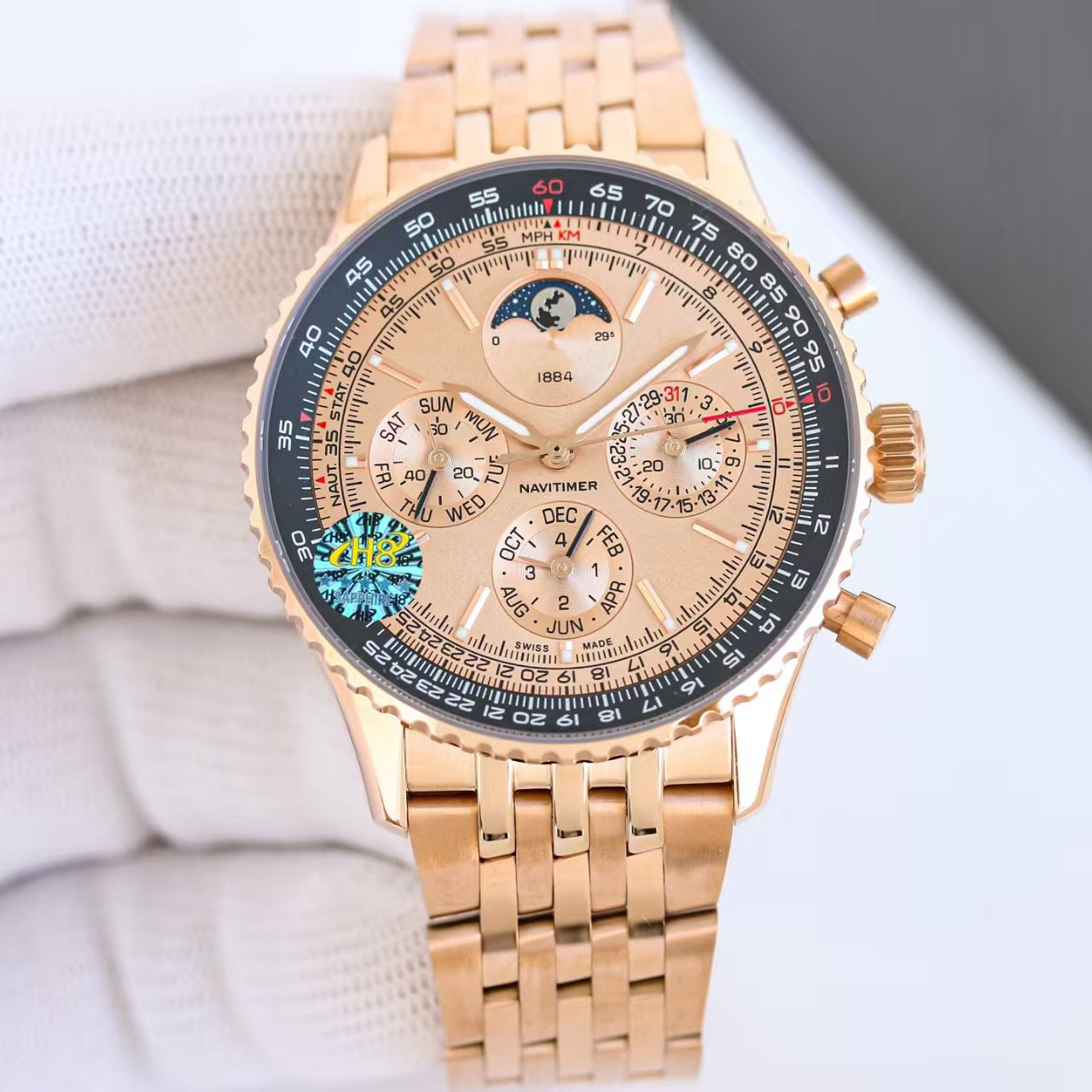 B19 Chronograph 43 Perpetual Calendar Mens Watch Rose Gold Luxury Wristwatch Automatic Sapphire Crystal