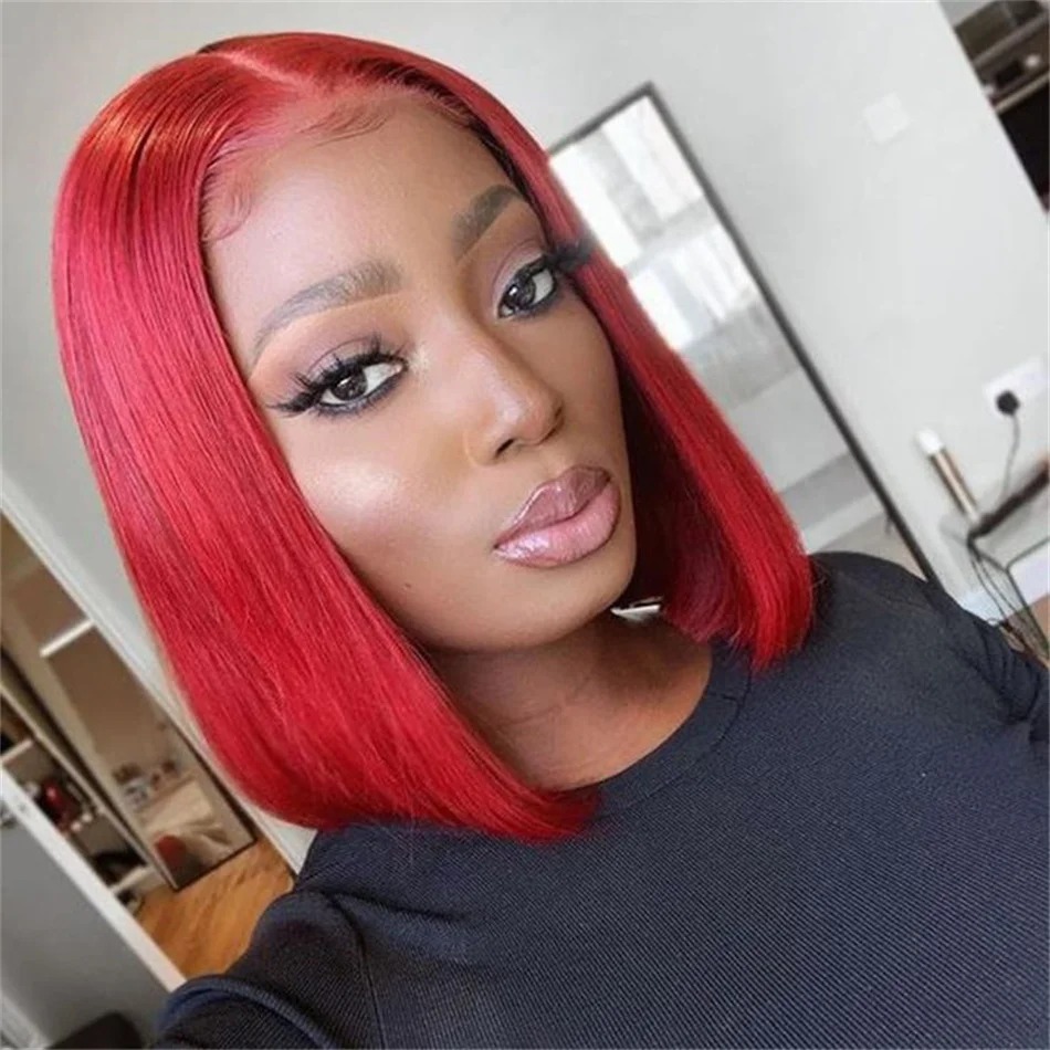 Pre-Cut Hot Red Colored Transparent Short Bob Human Hair Wigs High Density Peruvian Red Straight Gluelesss 13x4 Lace Front Wig For Women PrePlucked Wi