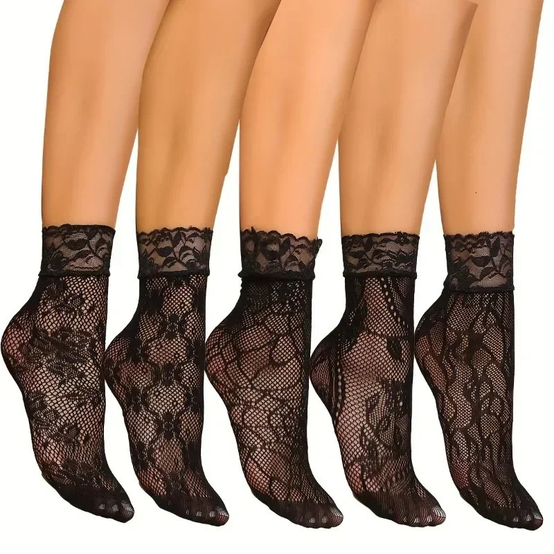 5 Pairs Floral Lace Socks Thin Breathable Short Socks Summer Mesh Lolita Fishing Net Womens Stockings Hosiery 250825