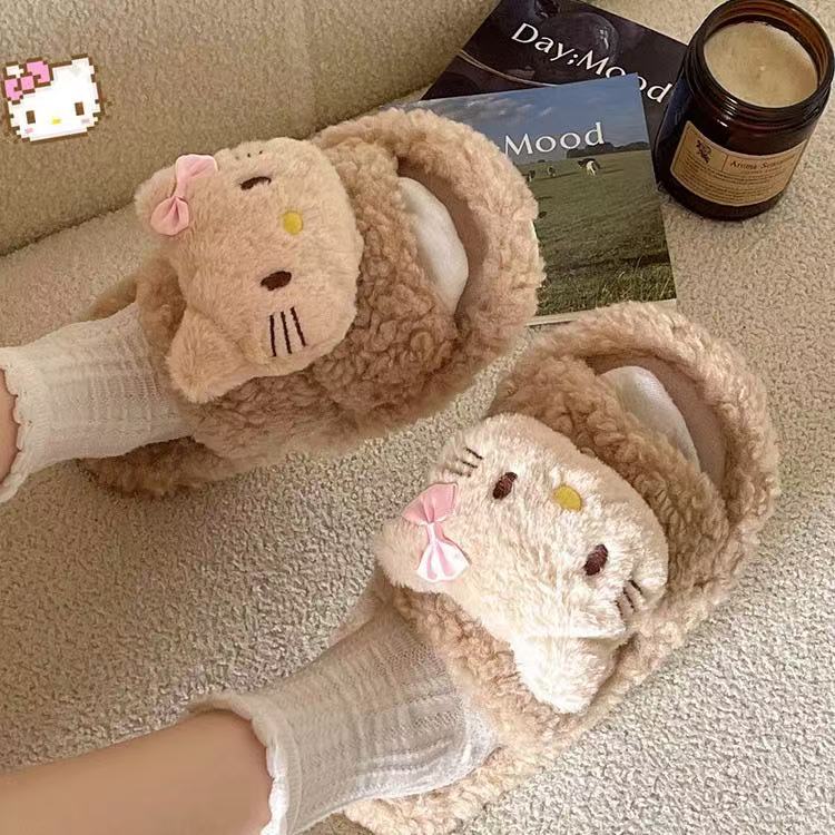 Free Shipping Cute Little Cat Furry Cartoon Women's Outdoor Wear 2025 Autumn And Winter New Flat Bottom Anti Slip Plush Cotton Slippers Without B
