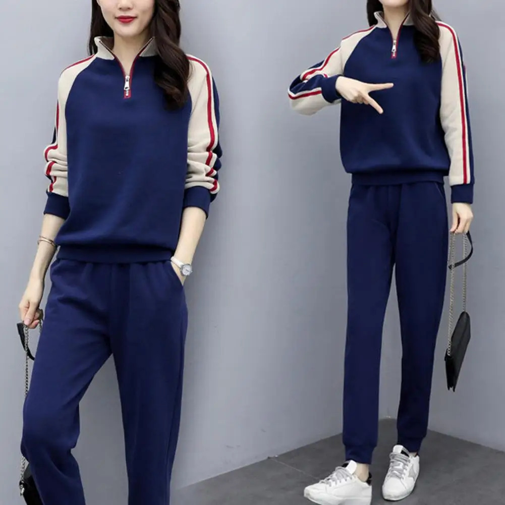 Women Stylish Suit Set Womens Color Matching Tracksuit Set with Stand Collar Sweatshirt Elastic Waist Pants for Fall Winter 2 250825