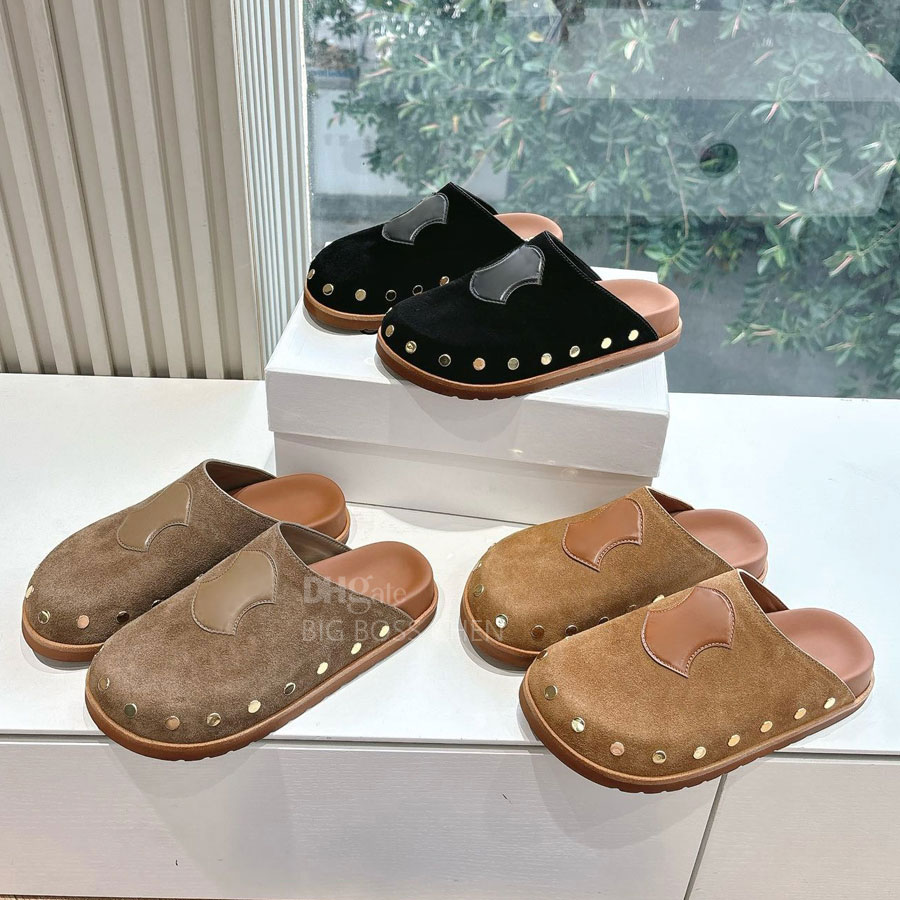 High quality Suede real leather mules shoes Flat heel slipper slides womens slip on Beach sandal Luxury designer mules for womens Leisure Vacation shoes