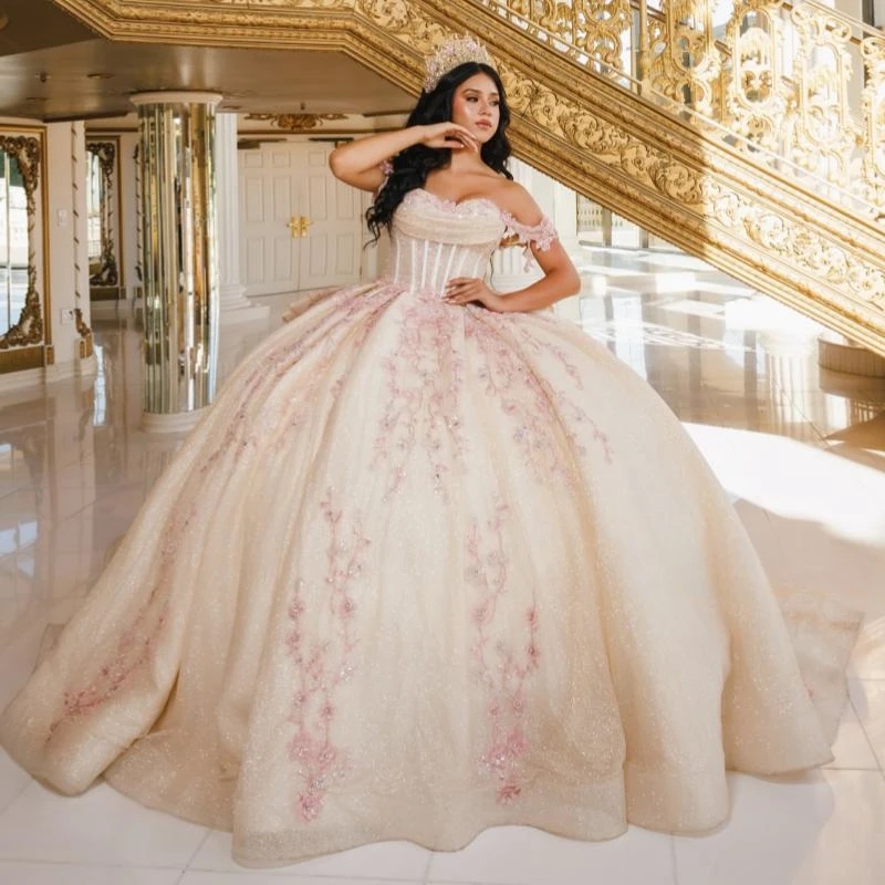 Beige Shiny Off The Shoulder Quinceanera Dresses Ball Gown Sweet 16 Dress Applique Lace Beads Tull Vestidos De 15 Anos Birthday Party