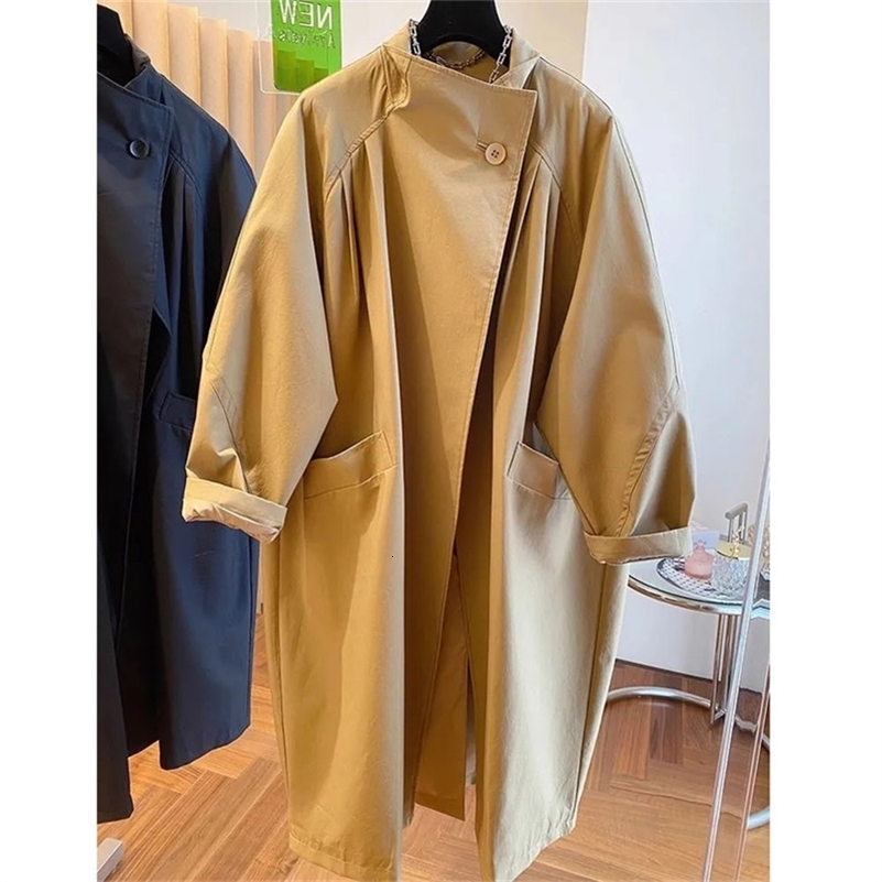 High End Stand Up Collar Outwear 2025 Spring Plus Size Womens Casual Loose Mid Long Windbreaker Lining Jacket Khaki Black Top 250823