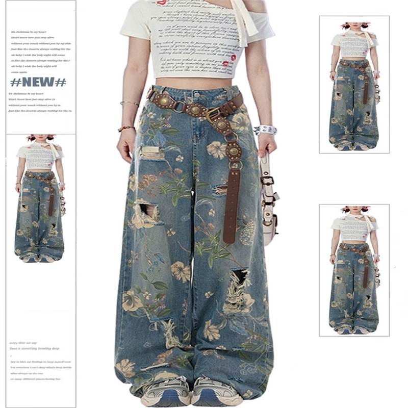 Women Y2k Graphic Print Ripped Jeans Baggy Harajuku 90s Aesthetic Denim Trousers Vintage Japanese 2000s Style Trashy Jean Pants Z260313