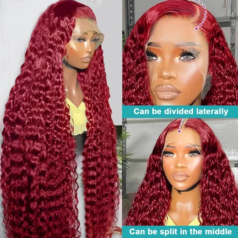 13x6 High Density 200 Density Curly Human Hair Wig Wear and Go Burgundy Deep Wave Preplucked Hairline Hd Lace Wig Human Hair Gluelesss HD Transparent 