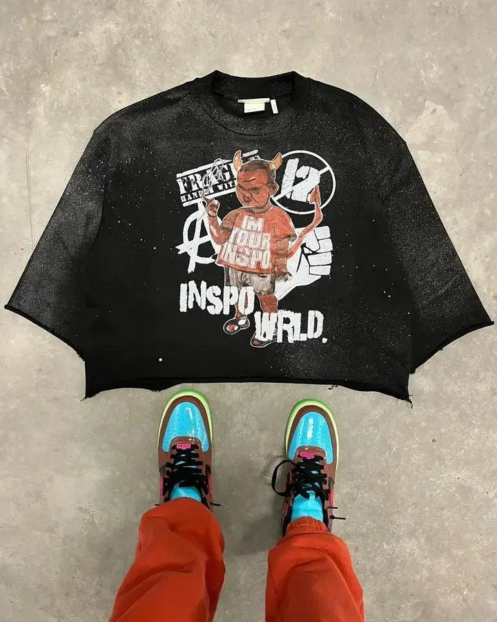 Y2K Harajuku Hip Hop Character Graphic Printed Seven Quarter Sleeves Tops Gothic Retro Dark Green T Shirt Mens Womens Clothing 250825