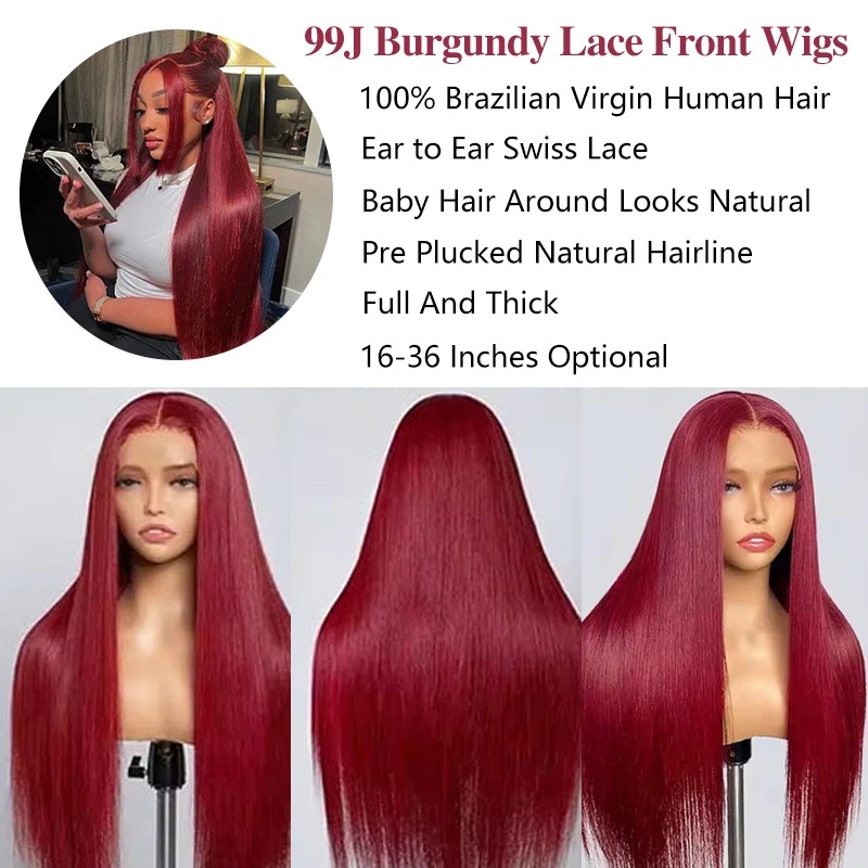 13x4 Preplucked Hairlin Burgundy Lace Front Wigs Pre-Cut Hd Transparent Lace 13x6 Straight Lace Frontal Wigs Human Hair Pre Plucked with Baby Hair Win