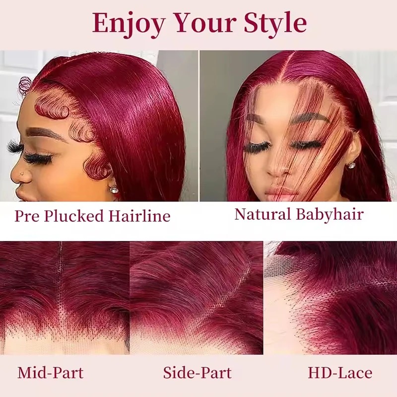 13x4 Preplucked Hairlin Burgundy Lace Front Wigs Pre-Cut Hd Transparent Lace 13x6 Straight Lace Frontal Wigs Human Hair Pre Plucked with Baby Hair Win