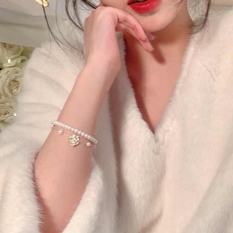 Summer Pearl Beaded Camellia Double Layer for Women, Light Exquisite French Style Bracelet with High-End Feel