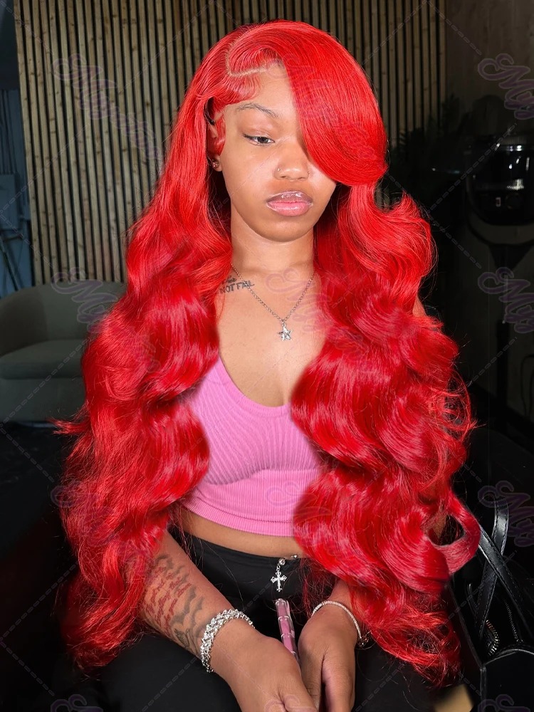30 34 Inch Hot Red Body Wave High Density 13x4 Hd Lace Frontal Wig Brazilian Pre-Cut Water Wave Gluelesss 13x6 Lace Front Color Human Hair Wigs 200% F
