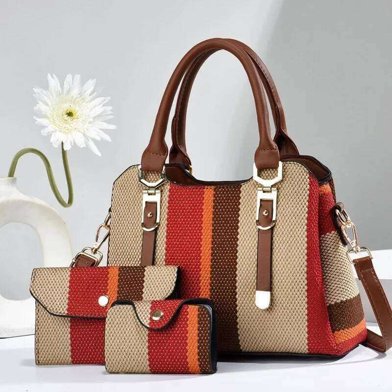3 Piece Set Bag 2025 Summer New Large Handbag with Wallet Vertical Stripes Women's Shoulder Crossbody Bagsluxury bag tote bag