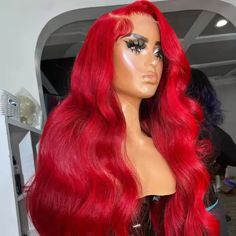 Hot Red Pre-Cut 13x6 Hd Lace Frontal Human Hair Wigs Gluelesss Brazilian Colored High Density Body Wave Lace Front Wig Hd Transparent Lace Closure Wig
