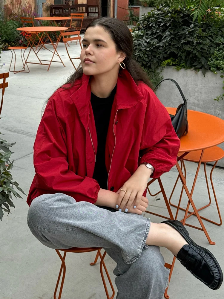 Y2K Turn Down Collar Zipper Coat Chic Red Long Sleeve Women Bomber Jacket Autumn Lady Single Breasted Outerwear Street 250825