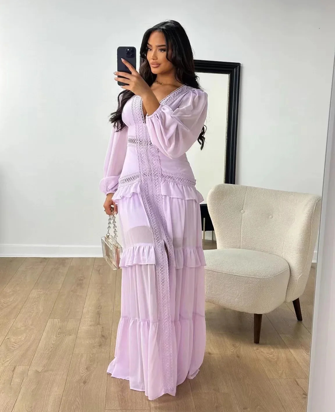 Elegant Womens Long Dress With Sleeves Ruffles Hollow Out Evening Dresses Party Chic Robe Green Blue Purple Holiday Summer 250825