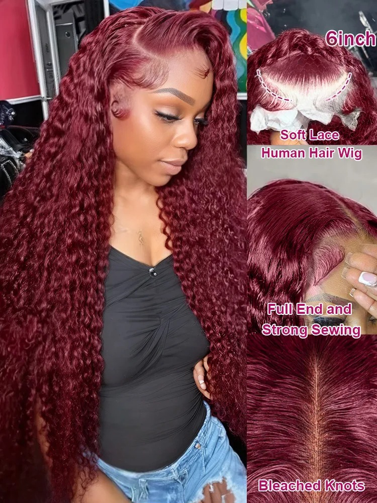 30 40 Inch Deep Wave Preplucked Hairline 13x6 Curly Human Hair Wig High Density Burgundy Water Wave Wig Gluelesss 13x4 HD Lace Frontal Wigs