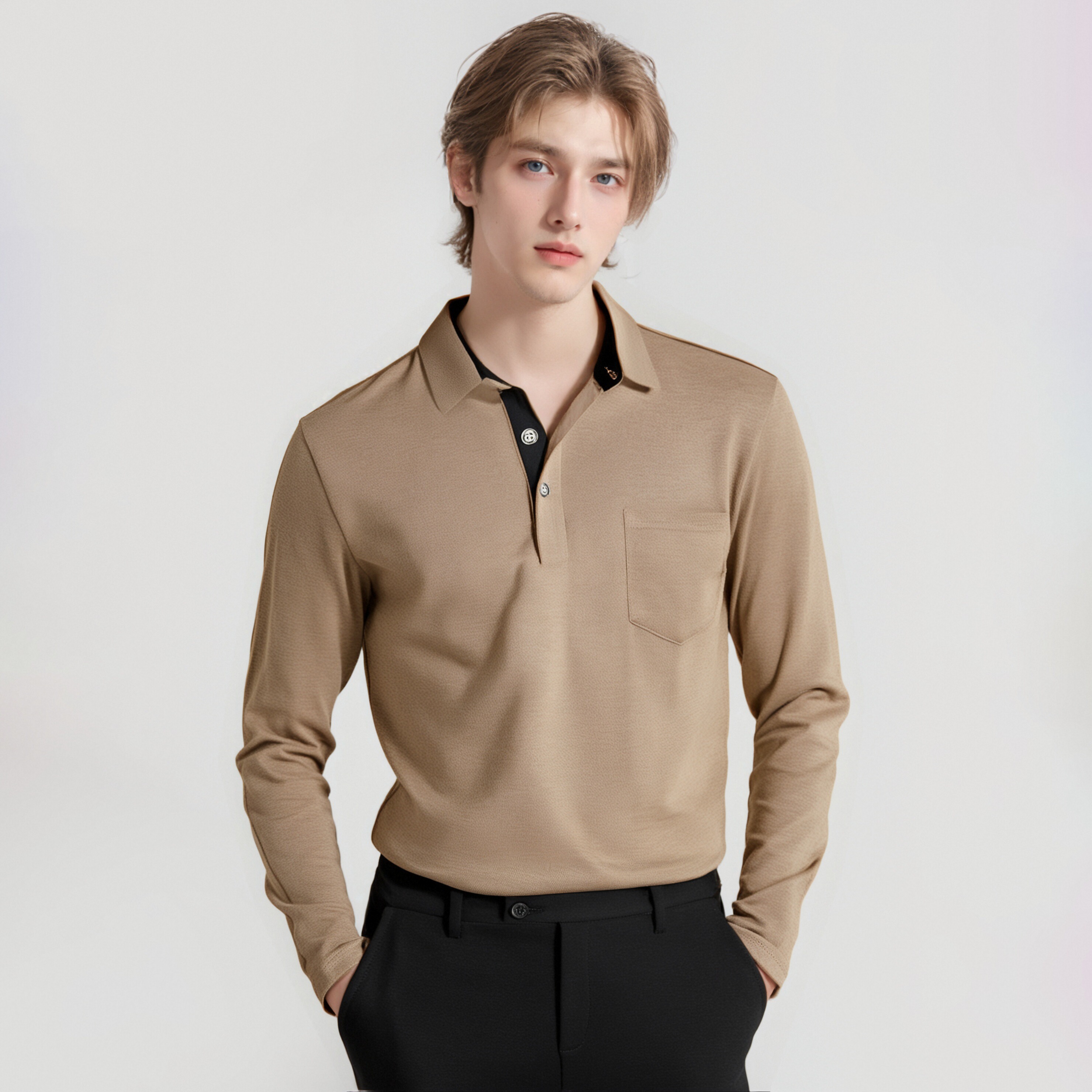 Men's Long - Sleeve White Polo Shirt with Contrast Inner Collar and Chest Pocket