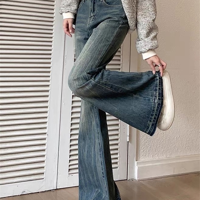 Jielur Fashion Slim Casual Vintage Blue Womens Jeans Winter American Style Chic Office Ladies Pockets Basic Female Flare Pants Z260313