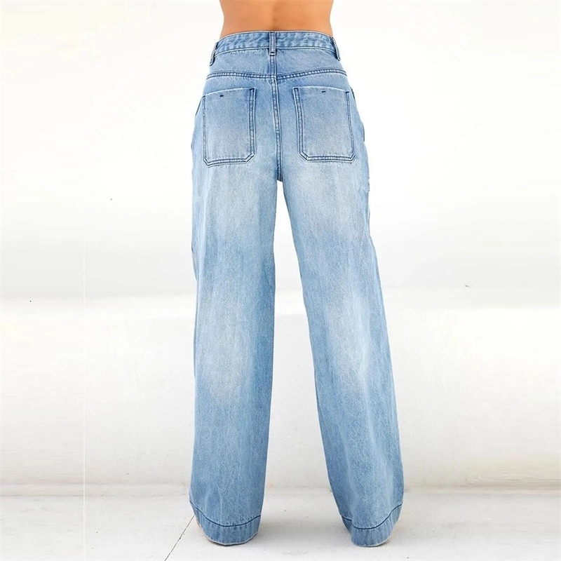 Women Jeans Loose Wide Leg Denim Pants Bleached Button Pockets Full Length Casual Z260313