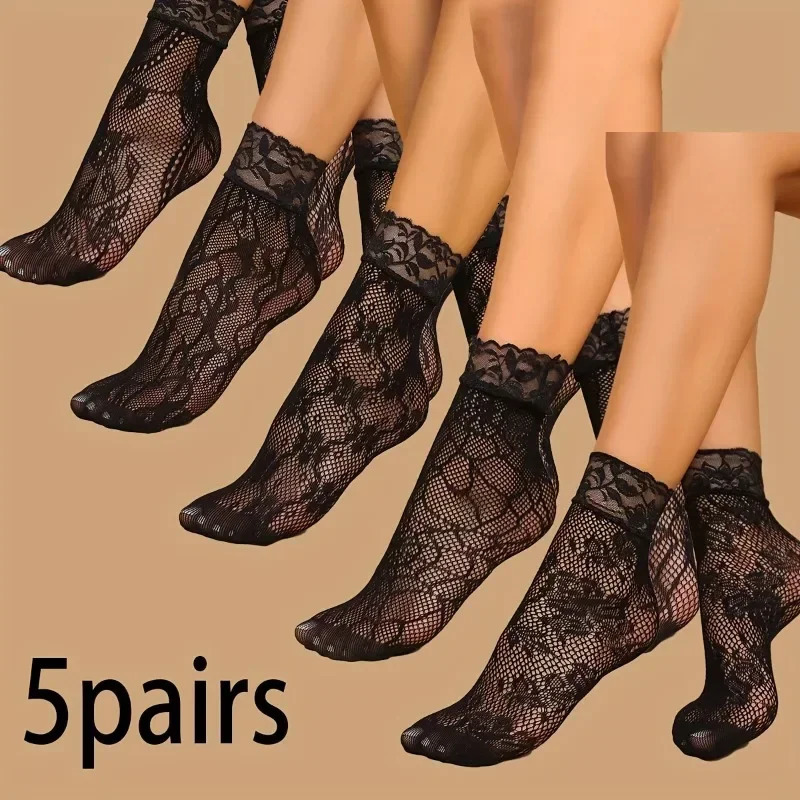 5 Pairs Floral Lace Socks Thin Breathable Short Socks Summer Mesh Lolita Fishing Net Womens Stockings Hosiery 250825