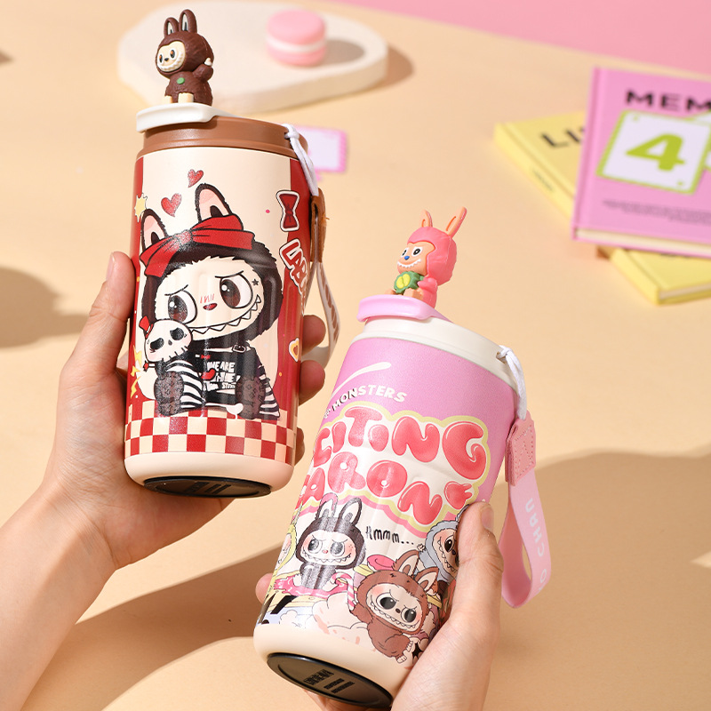Designer Water Bottle Luxury Cartoon Girls Portable Double Wall Vacuum Coffee Cups Travel Mug Stainless SteelThermos Tumbler with Handle Black