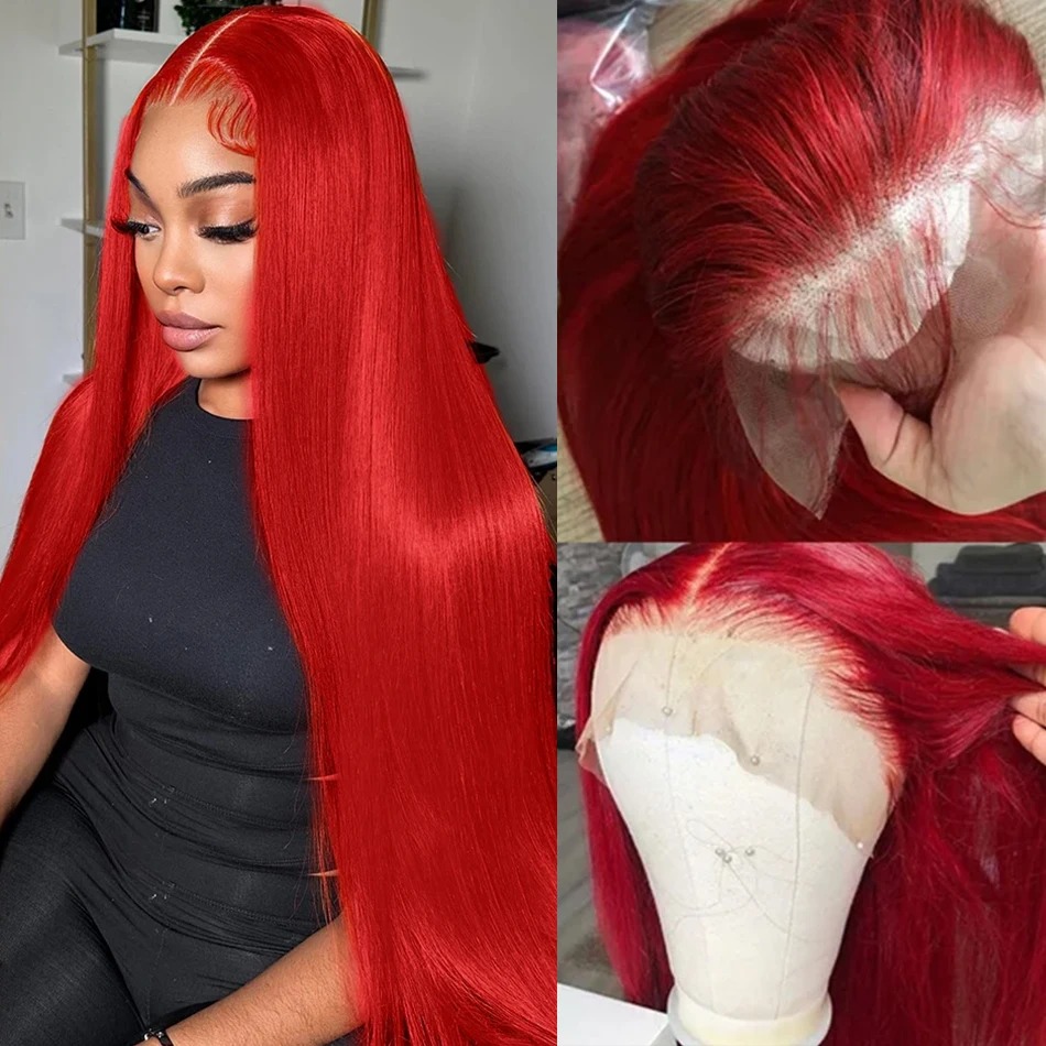 13x4 Bone Straight Red Colored Preplucked Hairline HD Transparent Lace Pre-Cut Bdoy Wave Lace Front Wig High Density Gluelesss 100% Human Hair Wigs Br