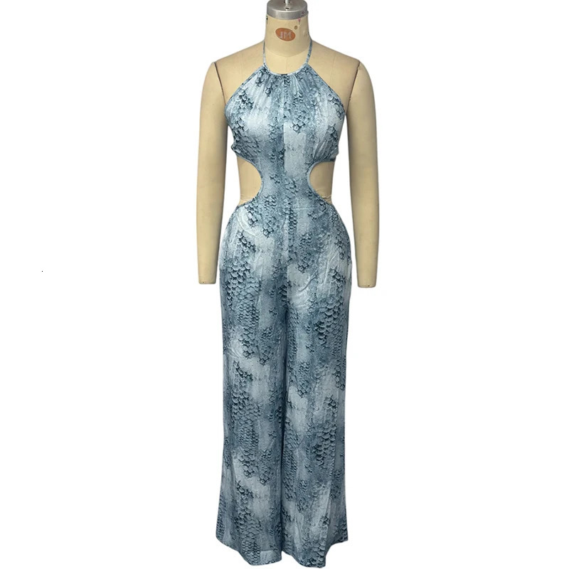 Wefads Jumpsuit Women Casual Fashion Sleeveless Printed Halter Neck Backless Lace Up Loose Wide Legs Pants Rompsers 250825