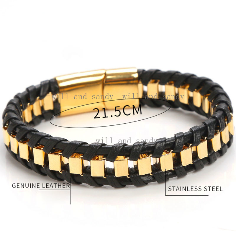 18k Gold Stainless Steel Chain Leather Bracelets Wristband Designer Jewelry Charm Multilayer Wrap Magnetic Buckle Stack Bracelet Bangle Cuff for Man F