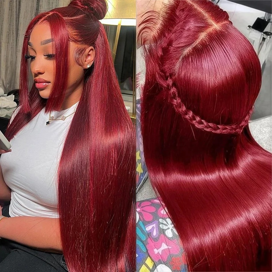 Burgundy Wine Lace Front Wig Hd Transparent Lace 13x6 HD Lace Frontal Wig Human Hair Gluelesss Pre Plucked Straight Red Colored Wig High Density Ready