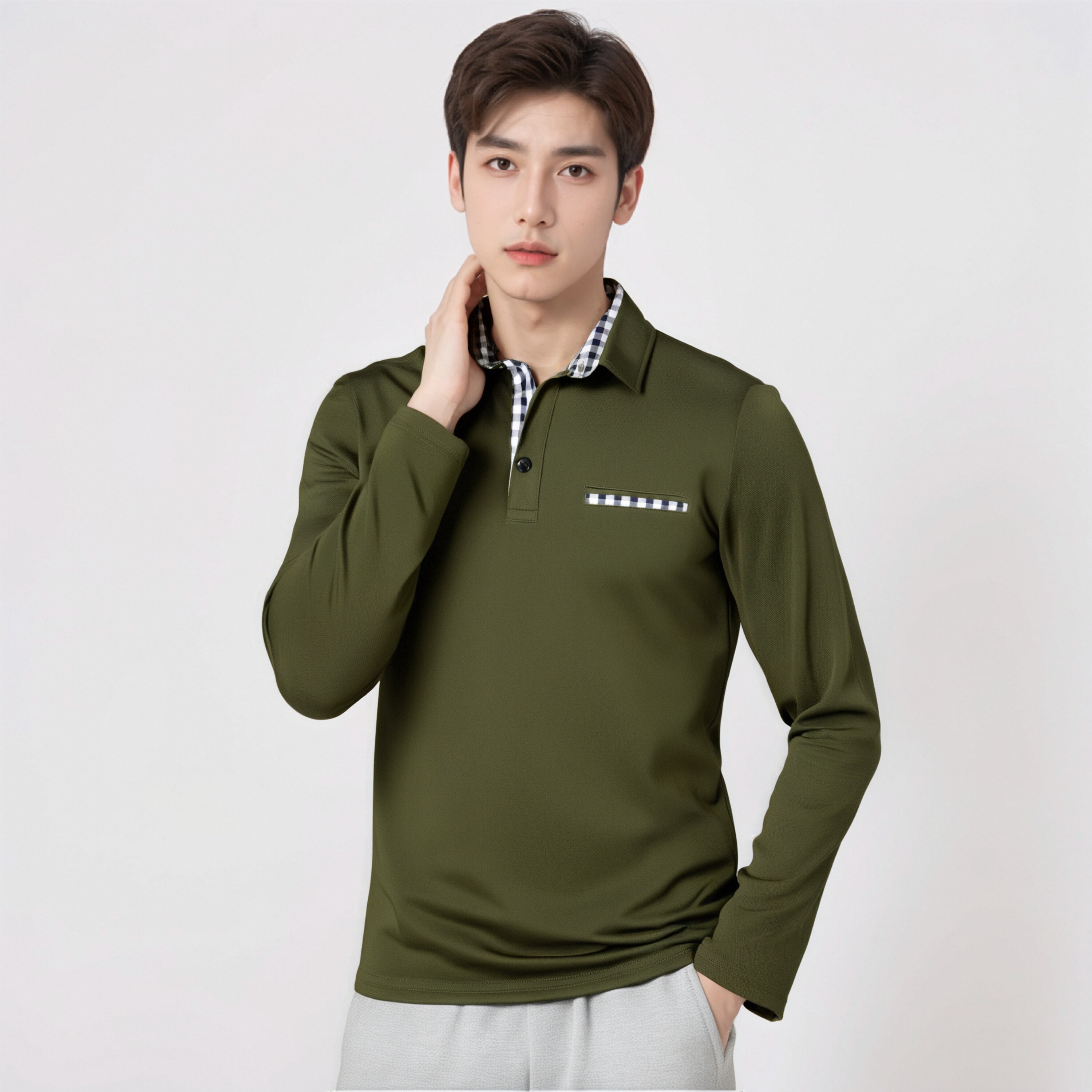 Men's Long - Sleeve Burgundy Polo Shirt with Checkered Inner Collar and Chest Pocket