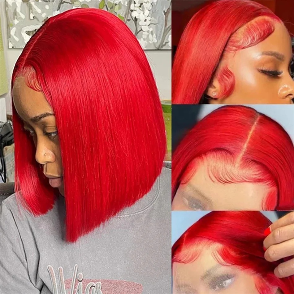 Pre-Cut Hot Red Colored Transparent Short Bob Human Hair Wigs High Density Peruvian Red Straight Gluelesss 13x4 Lace Front Wig For Women PrePlucked Wi