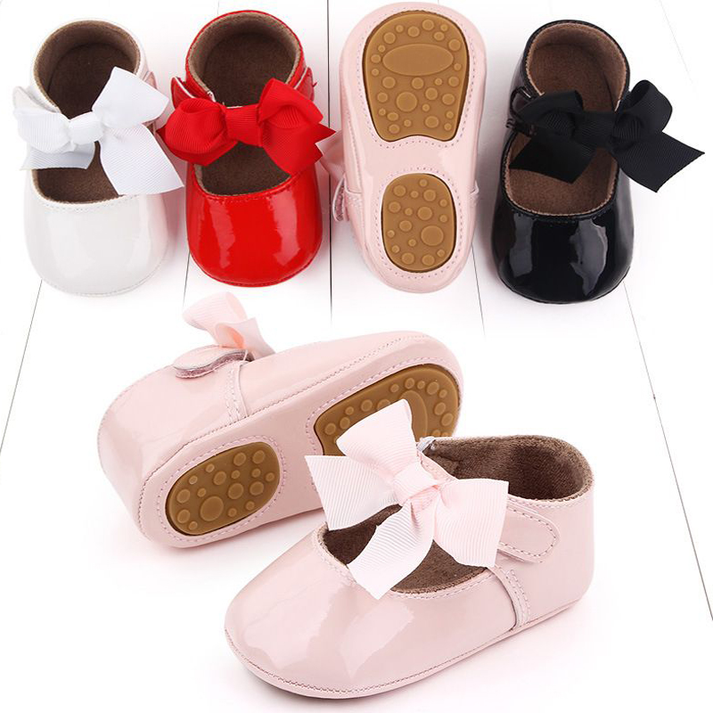 Newborn Baby Shoes Infant Boy Girl Shoes Classic Bowknot Rubber Sole Anti-slip PU Dress Shoes Umshop First Walker Toddler Crib Shoes 0-18 Months U0473